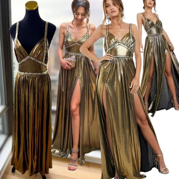 🆕 BRONX & BANCO 🧿 NWOT Star Metallic Maxi Dress w Dramatic Slits - Sz S US 4 - Picture 1 of 16